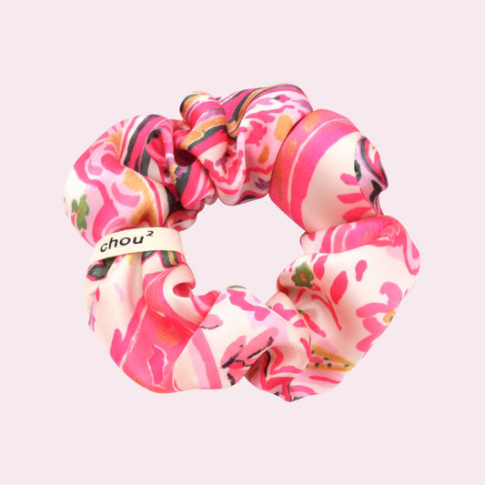 Chouchou en satin imprimé rose - motif foulard