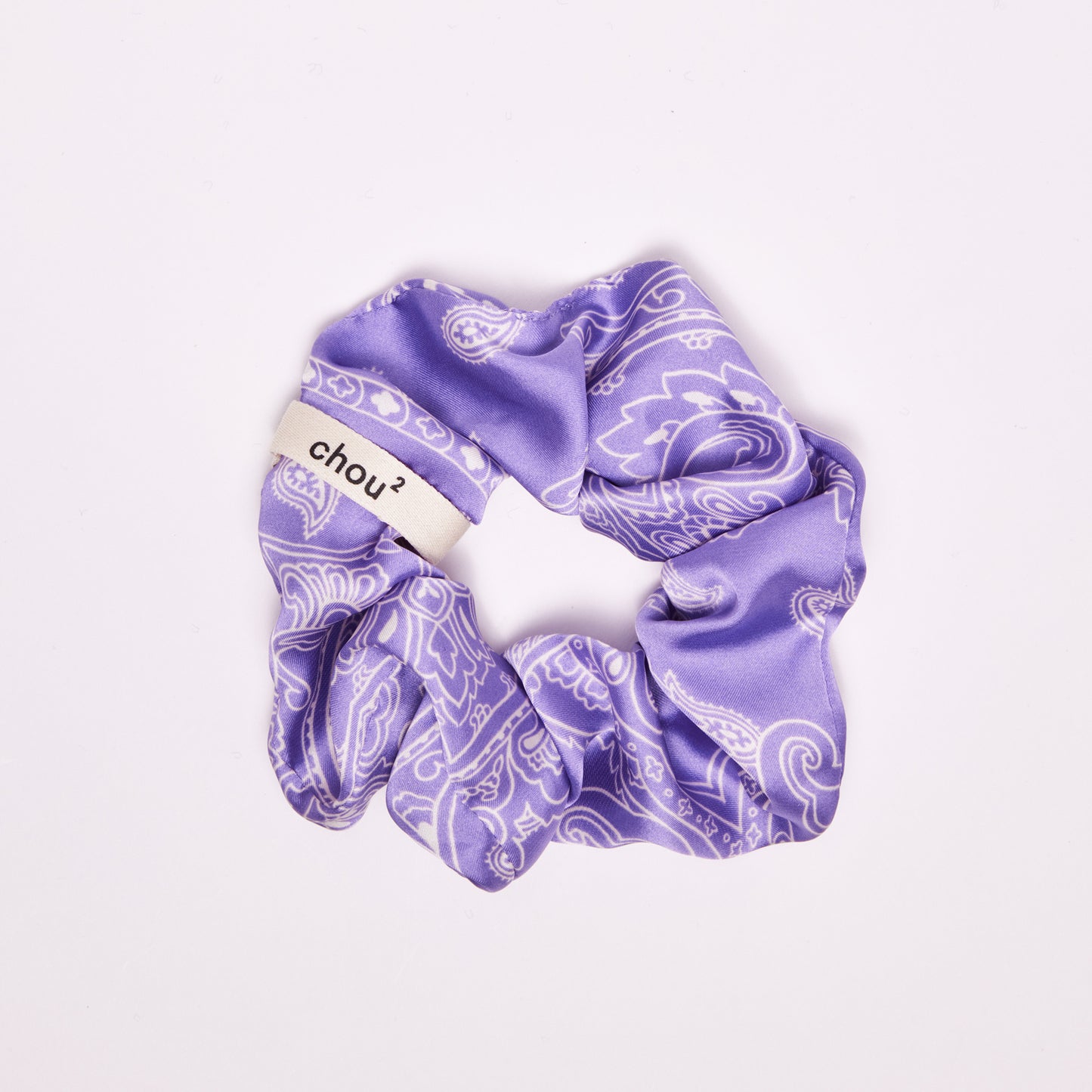 Chouchou en satin imprimé lilas - motif foulard