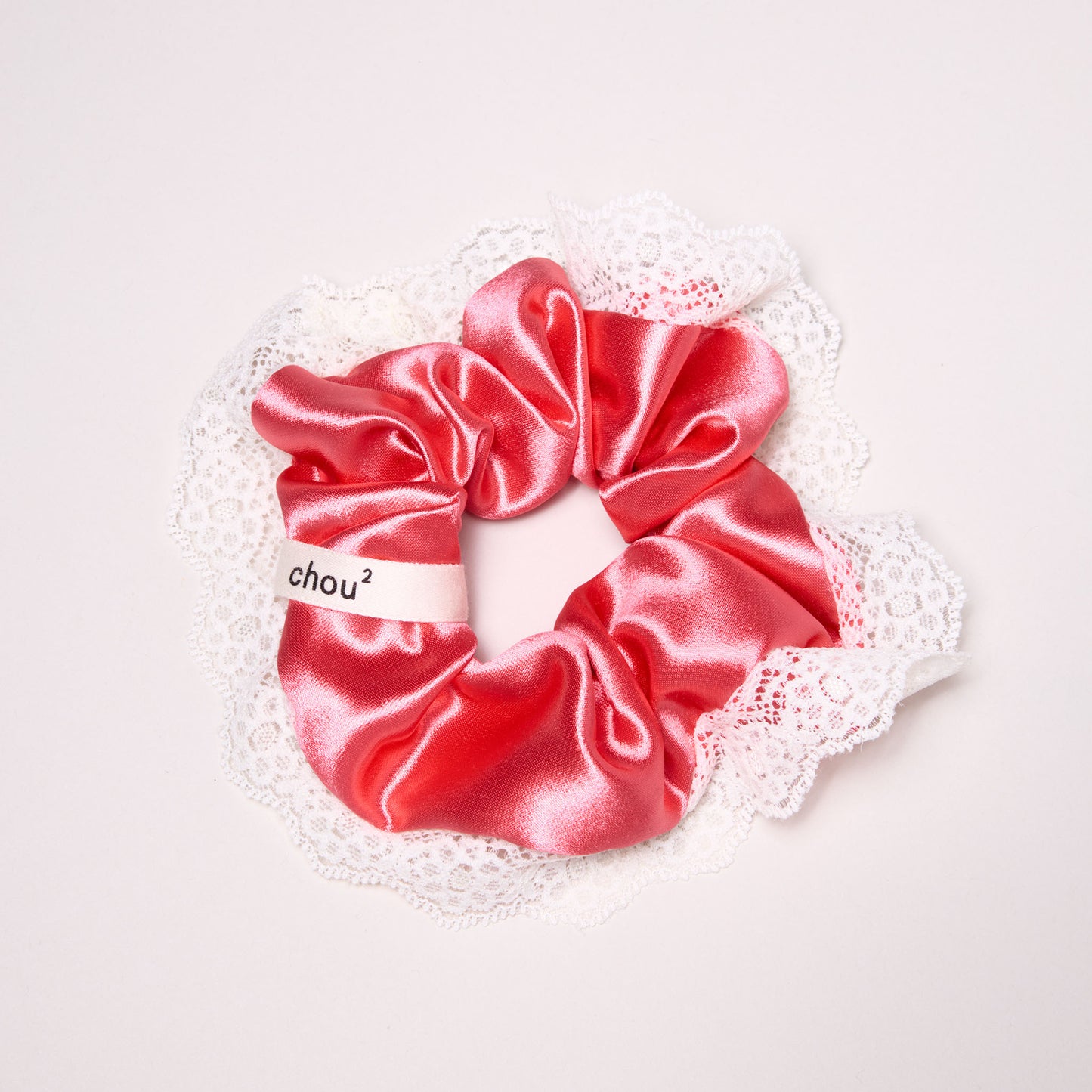 Chouchou satin rose - collerette dentelle blanche