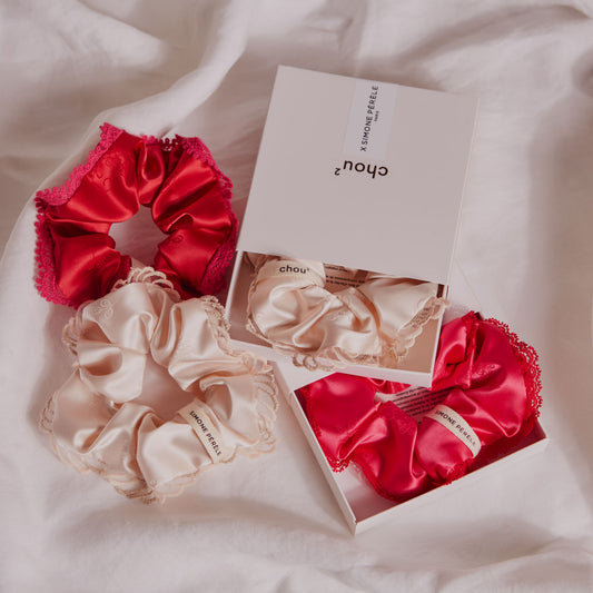 chouchou satin dentelle blanc rose rouge