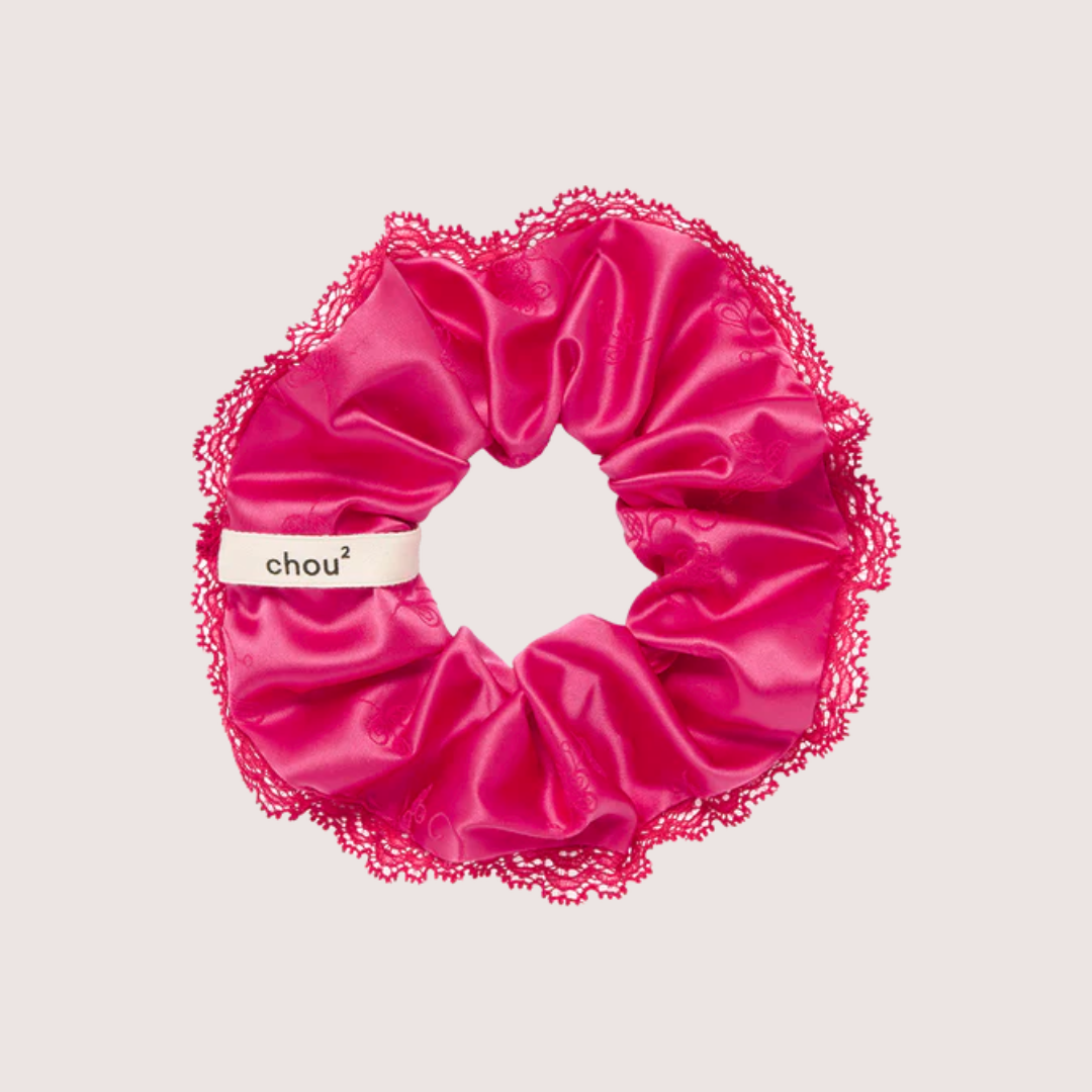Chouchou satin rose - Collerette dentelle rouge - Collab Simone Pérèle