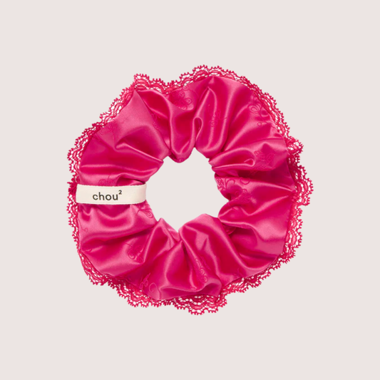 Chouchou satin rose - Collerette dentelle rouge - Collab Simone Pérèle