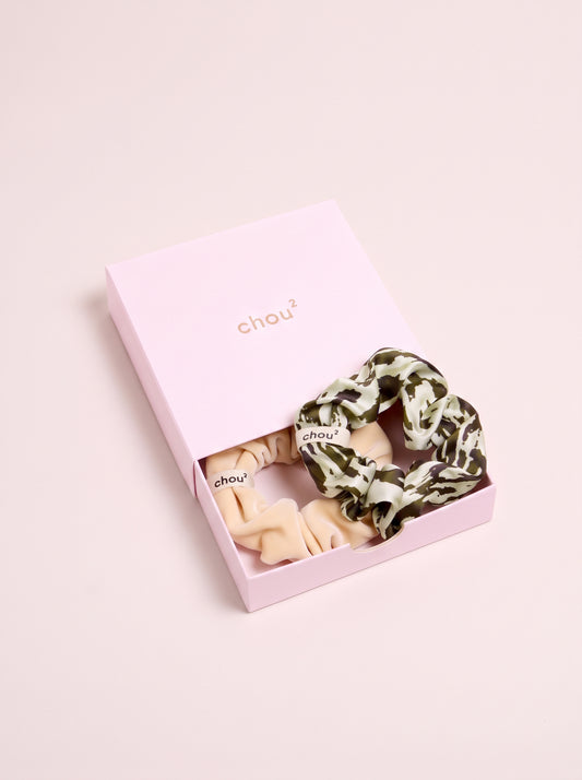 Coffret de 2 petits chouchous « Kaki & beige » : satin moucheté kaki et velours beige