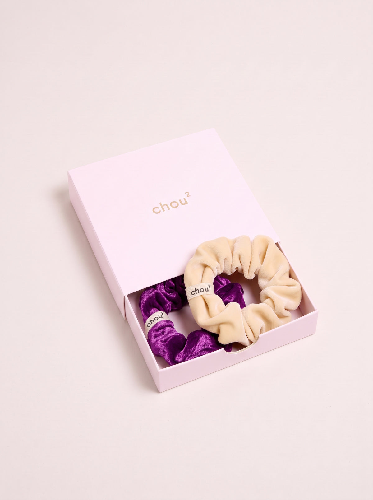 Coffret de 2 petits chouchous « Velours » : velours beige et velours violet