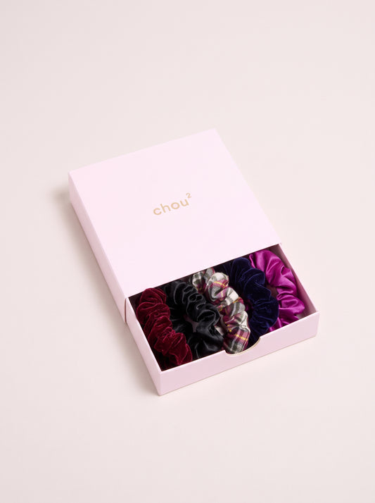 Coffret de 5 minis chouchous « Hiver » : velours bleu nuit, satin violet, tartan rouge, satin noir et velours grenat