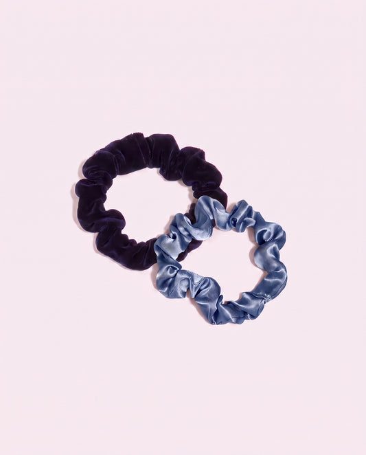 Duo de minis chouchous satin bleu et velours bleu nuit