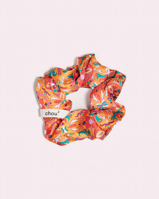 Grand chouchou en satin imprimé orange