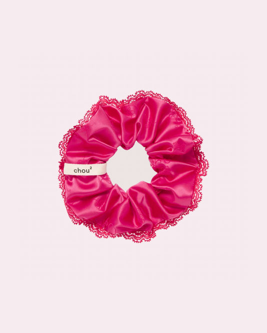 Grand chouchou satin rose - Collerette dentelle rouge - Collab Simone Pérèle