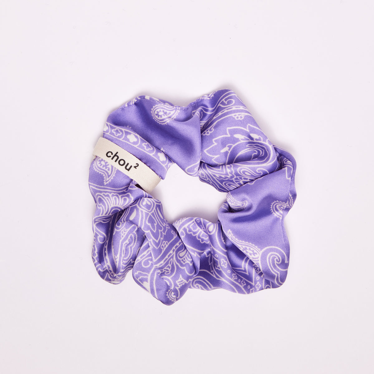 Chouchou en satin imprimé lilas - motif foulard