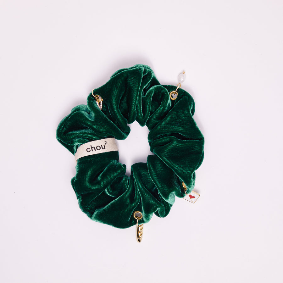 Grand chouchou en velours vert - personnalisable