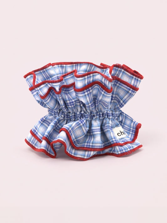 Maxi chouchou tartan bleu ciel - bord rouge
