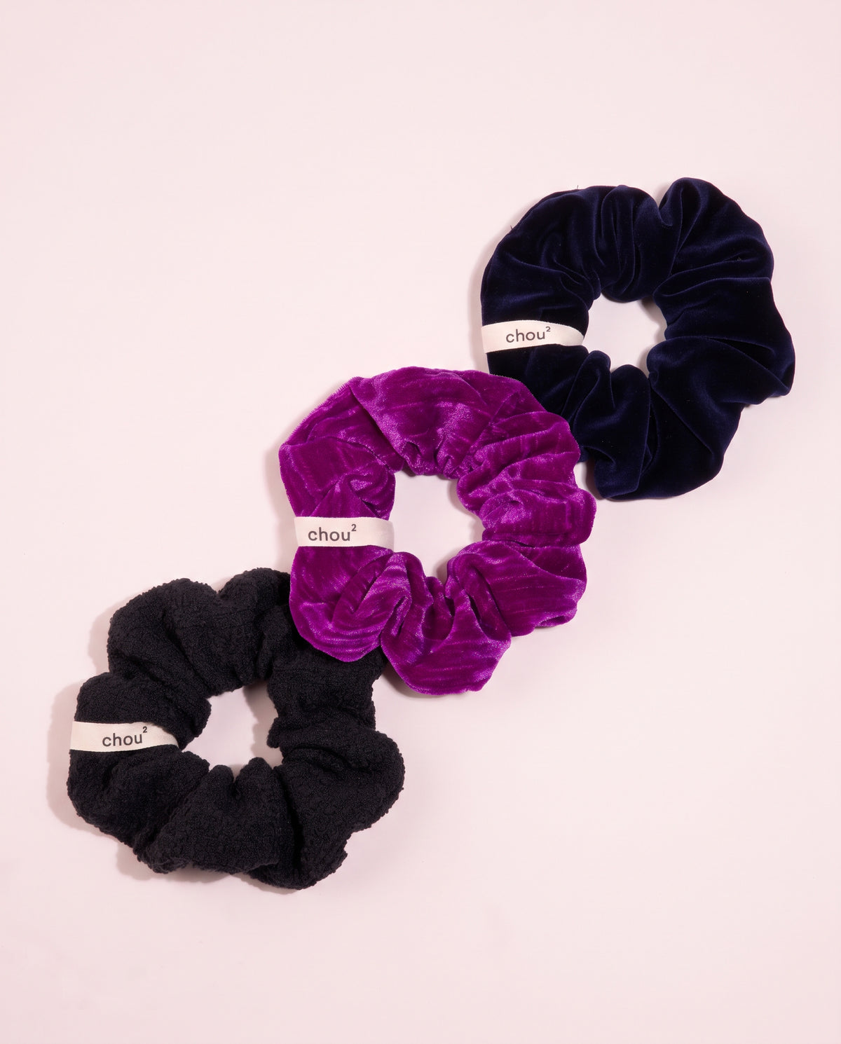 Trio de grands chouchous « Équilibre » : velours violet, tweed noir et velours bleu nuit