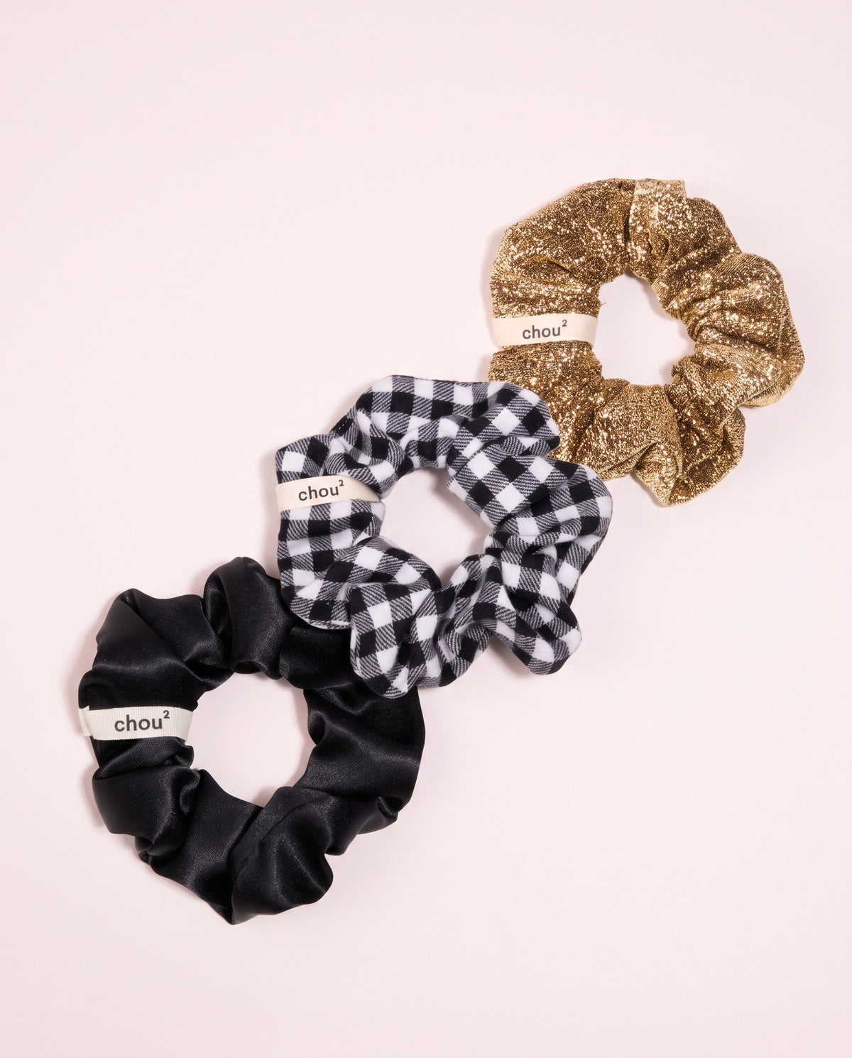 Trio de grands chouchous « Fêtes » : vichy blanc et noir, doré et satin noir