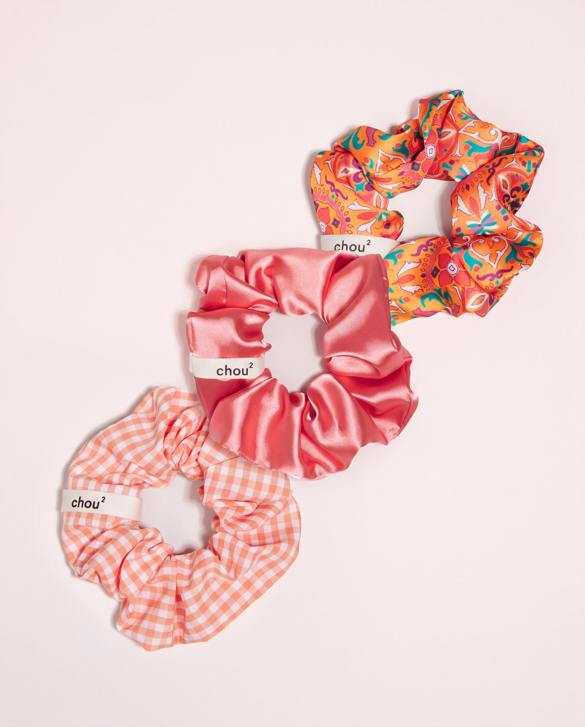 Trio de grands chouchous « Orange is the new black » : vichy orange, satin corail et satin imprimé orange