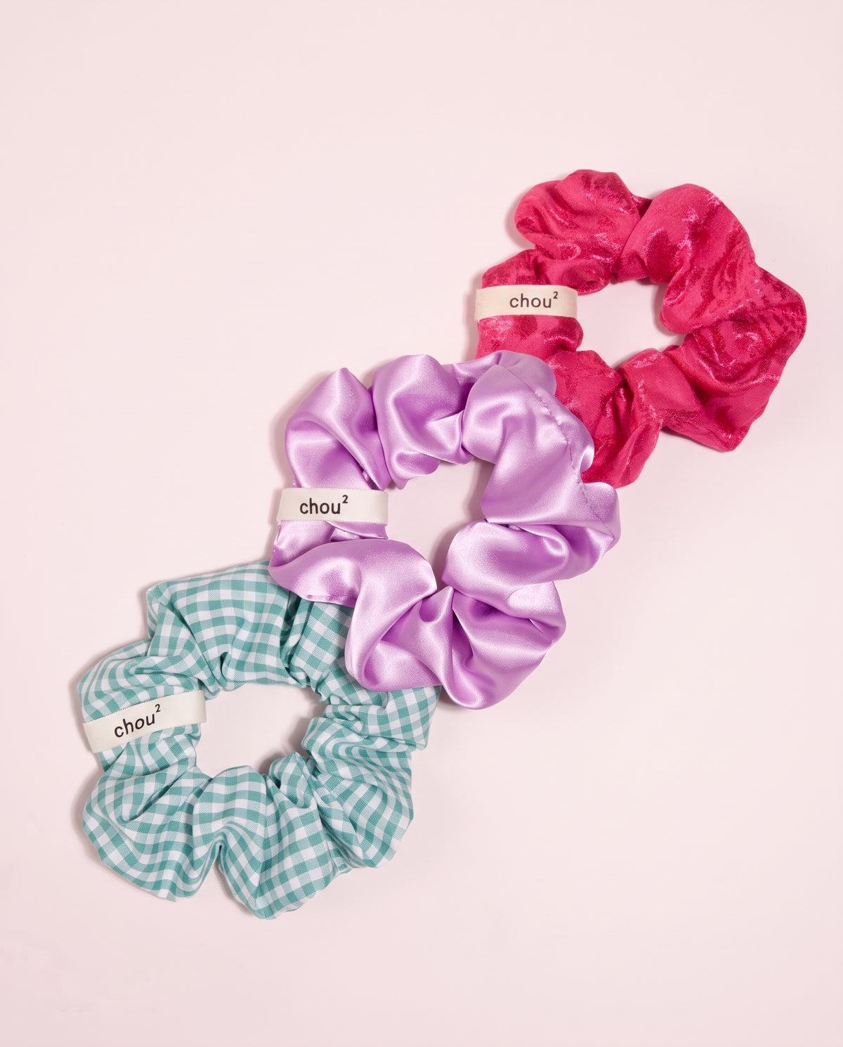 Trio de grands chouchous « Jardin d'été » : vichy vert, satin vieux rose et jacquard rose brillant
